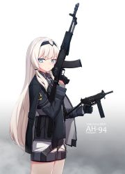 Rule 34 | 1girl, an-94, an-94 (girls&#039; frontline), assault rifle, black cloak, black gloves, black jacket, blue eyes, cloak, closed mouth, commentary, cowboy shot, expressionless, girls&#039; frontline, gloves, gun, hairband, highres, holding, holding gun, holding weapon, jacket, long hair, long sleeves, looking at viewer, military, military uniform, name connection, narynn, object namesake, pouch, pp-91 kedr, rifle, short shorts, shorts, solo, standing, submachine gun, thighs, trigger discipline, typo, uniform, very long hair, weapon, white hair, white shorts, wing collar