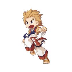 Rule 34 | 1boy, arm wrap, barefoot, blue bow, blue bowtie, blue eyes, bow, bowtie, brown hair, chibi, clenched hands, dougi, full body, jumping, looking afar, male focus, martial arts, medium hair, official art, open mouth, pants, ragnarok online, shirt, simple background, solo, tachi-e, taekwon (ragnarok online), toes, transparent background, v-shaped eyebrows, white pants, white shirt, yuichirou