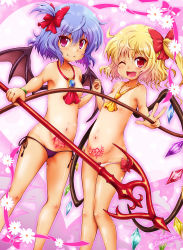 Rule 34 | 2girls, ;d, absurdres, bat wings, bikini, bikini bottom only, black bikini, blonde hair, blue eyes, bow, breasts, brooch, convenient censoring, fang, flandre scarlet, hair bow, highres, holding, holding hands, holding polearm, holding spear, holding weapon, interlocked fingers, jewelry, laevatein, long hair, looking at viewer, lowleg, lowleg bikini, micro bikini, multiple girls, navel, one eye closed, one side up, open mouth, pink background, polearm, pubic tattoo, red bow, red eyes, red neckwear, remilia scarlet, siblings, side-tie bikini bottom, sisters, small breasts, smile, soutou, spear, spear the gungnir, striped bikini, striped bikini bottom, striped clothes, swimsuit, tattoo, topless, touhou, twitter username, v, weapon, white bikini, wings, yellow neckwear