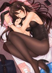 Rule 34 | 1girl, animal ears, animal print, bare arms, bare shoulders, black footwear, black pantyhose, blue bag, blush, book, breasts, brown hair, cleavage, closed eyes, commentary request, covered navel, fake animal ears, from above, hair ornament, hairclip, highres, leotard, long hair, lying, medium breasts, minato ojitan, on side, original, pantyhose, playboy bunny, rabbit ears, rabbit print, rabbit tail, shoes, sleeping, solo, tail