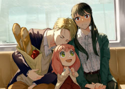 Rule 34 | 1boy, 2girls, anya (spy x family), apple, bag, belt, black hair, blonde hair, blush, bread, cardigan, child, closed eyes, double bun, dress, family, father and daughter, food, fruit, green eyes, hair bun, head on another&#039;s shoulder, hq yunak, leaning on person, loaf of bread, long sleeves, looking at viewer, mother and daughter, multiple girls, open clothes, open mouth, pants, pink hair, rain, red dress, red eyes, shopping bag, sidelocks, single hair bun, sitting, sleeping, smile, spy x family, train, train interior, twilight (spy x family), twitter username, vehicle interior, window, yor briar