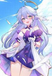 Rule 34 | 1girl, :d, blue sky, choker, cloud, commentary request, cowboy shot, day, detached sleeves, dress, gloves, green eyes, grey hair, hair intakes, head wings, highres, honkai: star rail, honkai (series), long hair, looking at viewer, open mouth, purple choker, robin (honkai: star rail), shiyuesan, short sleeves, skirt hold, sky, smile, solo, standing, strapless, strapless dress, thighs, very long hair, white dress, white gloves, wings