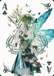 Rule 34 | 1girl, ace (playing card), ace of clubs, alice in wonderland, branch, bug, butterfly, butterfly wings, card, card (medium), club (shape), commentary, earrings, flower, folded fan, folding fan, green eyes, green hair, hair between eyes, hair flower, hair ornament, hand fan, head wreath, highres, holding, insect, insect wings, jewelry, looking at viewer, original, parted lips, playing card, profile, simple background, solo, standing, wanke, white background, wide sleeves, wings