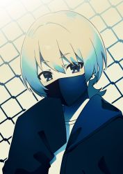 Rule 34 | black jacket, blue eyes, chain-link fence, copyright request, earrings, fence, hair between eyes, highres, jacket, jewelry, kitasaya ai, long sleeves, mask, mouth mask, open clothes, open jacket, shirt, sleeves past fingers, sleeves past wrists, stud earrings, upper body, virtual youtuber, white shirt