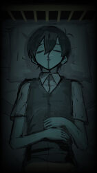 Rule 34 | 1boy, antenna hair, bed, black hair, black sweater vest, closed eyes, closed mouth, collared shirt, commentary request, from above, hair behind ear, hair between eyes, hands on own stomach, highres, honshiya, lying, omori, on back, pillow, shirt, short hair, short sleeves, sketch, sleeping, solo, straight-on, sunny (omori), sweater vest, white shirt, zipper, zipper pull tab