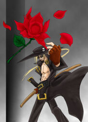 Rule 34 | blonde hair, cowboy hat, flower, guilty gear, guilty gear x, hat, holding, holding sword, holding weapon, jacket, johnny (guilty gear), kinomin, male focus, open clothes, open jacket, ponytail, red flower, red rose, rose, solo, sunglasses, sword, weapon