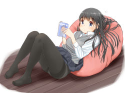 Rule 34 | 1girl, animal ears, black hair, black pantyhose, blue eyes, blush, book, closed mouth, clothes lift, collared shirt, cushion, full body, highres, holding, holding book, knees up, long hair, long sleeves, looking at viewer, lying, no shoes, on back, open book, original, panties, panties under pantyhose, pantyhose, retsumaru, shirt, simple background, skirt, skirt lift, solo, sweater vest, tareme, thighband pantyhose, underwear, upskirt, white background, white panties, white shirt, wing collar, wolf ears, wooden floor