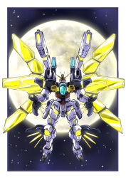 Rule 34 | after war gundam x, beam cannon, energy cannon, full body, full moon, green eyes, gundam, gundam double x, highres, looking at viewer, mecha, mobile suit, moon, no humans, redesign, robot, satellite cannon, science fiction, solo, space, star (sky), taiga hiroyuki, v-fin
