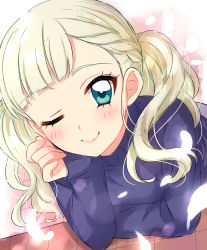 Rule 34 | 1girl, ;), aikatsu!, aikatsu! (series), aqua eyes, bent over, blonde hair, blue sweater, blunt bangs, blush, closed mouth, head rest, highres, long hair, long sleeves, looking at viewer, one eye closed, sekina, smile, solo, sweater, todo yurika, twintails
