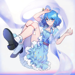 Rule 34 | 1girl, black footwear, blue dress, blue eyes, blue hair, bobby socks, commentary, dress, full body, hagoromo, hair ornament, hair rings, hair stick, hands up, jewelry, kaku seiga, knees together feet apart, legs up, looking at viewer, medium hair, open clothes, open vest, petticoat, shawl, shoes, short sleeves, smile, socks, solo, touhou, vest, white socks, white vest, yuura