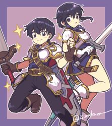 Rule 34 | 1boy, 1girl, :o, armor, black eyes, black hair, boots, breastplate, brother and sister, earrings, fire emblem, fire emblem: genealogy of the holy war, gloves, good thighs day, jewelry, larcei (fire emblem), looking at viewer, nintendo, scathach (fire emblem), short hair, shoulder armor, siblings, sidelocks, simple background, skirt, smile, sorakaza, star (symbol), sword, twins, weapon