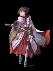 Rule 34 | 1girl, absurdres, armor, armored boots, belt, black background, boots, brown hair, chainmail, cloak, commentary request, cross print, dated, full body, highres, holding, holding sword, holding weapon, hood, hood down, hooded cloak, japanese clothes, jewelry, katana, kimono, knight, nero augustus, nontraditional miko, original, purple eyes, ribbon-trimmed sleeves, ribbon trim, ring, sheath, sheathing, shide, short hair, solo, spurs, sword, tabi, weapon, white kimono, wide sleeves