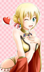 Rule 34 | 1girl, ;d, aqua eyes, arabian clothes, bare shoulders, blonde hair, breasts, detached sleeves, earrings, fingernails, gem, green gemstone, gypsy, gypsy (ragnarok online), hair between eyes, hair bun, hair ribbon, hand on own chest, harem pants, heart, jewelry, kanzuki yuu, looking at viewer, midriff, neck ring, one eye closed, open mouth, outline, pants, pink background, pink ribbon, purple gemstone, ragnarok online, red gemstone, red sleeves, ribbon, short hair, small breasts, smile, solo, speech bubble, spoken heart, standing, white outline, white pants, wide sleeves