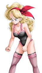 Rule 34 | 1girl, blonde hair, blue eyes, clenched hands, curly hair, dragon ball, dragon ball (classic), feet out of frame, frills, hair ribbon, hairband, highres, leotard, lingerie, long hair, lunch (bad) (dragon ball), lunch (dragon ball), red hairband, red ribbon, ribbon, simple background, solo, thighhighs, underwear, white background, young jijii