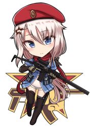 Rule 34 | 1girl, 9a-91, 9a-91 (girls&#039; frontline), ammunition pouch, assault rifle, asymmetrical bangs, beige gloves, beret, black footwear, black panties, black ribbon, blue dress, blue eyes, blush, boots, center opening, chibi, closed mouth, commentary request, dress, eyelashes, eyes visible through hair, frilled dress, frills, full body, girls&#039; frontline, gun, hair flaps, hair ornament, hat, holding, holding gun, holding weapon, holster, knife, knife sheath, knife sheath, leg up, light blush, light frown, logo, long hair, looking at viewer, microdress, panties, parted bangs, pleated dress, pouch, puffy short sleeves, puffy sleeves, red scarf, red star, ribbon, rifle, scarf, scope, see-through, sheath, short sleeves, solo, star (symbol), star hair ornament, stomach, suppressor, thigh boots, thigh holster, thighhighs, trigger discipline, tsurime, underwear, weapon, white background, white hair, yakob labo