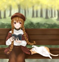 Rule 34 | 1girl, animal, bench, beret, blurry, blurry background, book, braid, brown eyes, brown hair, cat, hat, highres, holding, holding book, long hair, long sleeves, looking to the side, on bench, original, outdoors, plaid, plaid skirt, shawl, sitting, skirt, smile, solo, suzuko (suzukosz), twin braids, very long hair