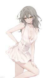 Rule 34 | 1girl, absurdres, alternate costume, bare arms, bare legs, bare shoulders, black choker, breasts, choker, cleavage, commentary, dress, earrings, feint721, grey hair, hand on own hip, highres, honkai: star rail, honkai (series), jewelry, long hair, looking at viewer, medium breasts, short dress, simple background, solo, standing, stelle (honkai: star rail), thighs, trailblazer (honkai: star rail), white background, white dress, yellow eyes