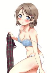 Rule 34 | 1girl, absurdres, bare arms, bare shoulders, blue bra, blue eyes, blush, bow, bow bra, bra, breasts, brown hair, cleavage, closed mouth, collarbone, hair ornament, hairclip, highres, lingerie, lips, looking at viewer, love live!, love live! sunshine!!, medium breasts, navel, panties, sankuro (agoitei), scan, scarf, shiny skin, short hair, simple background, solo, star (symbol), star print, stomach, sweatdrop, thighs, underwear, underwear only, unfastened, watanabe you, white background, white panties