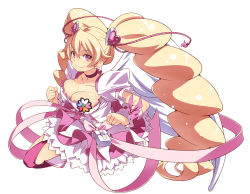 Rule 34 | 00s, 1girl, blonde hair, bow, bowtie, breasts, choker, cleavage, closed mouth, cure peach, cure peach (angel), fresh precure!, hair ornament, heart, heart hair ornament, large breasts, long hair, looking at viewer, magical girl, momozono love, pink bow, pink bowtie, pink eyes, precure, purple bow, purple bowtie, simple background, skirt, smile, solo, tasaka shinnosuke, very long hair, white background