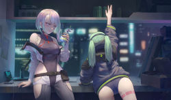 Rule 34 | 2girls, arm up, ass, asymmetrical hair, belt, black belt, black hairband, black jacket, bob cut, box, breasts, cable, can, cellphone, closed mouth, counter, cup, cyberpunk (series), cyberpunk edgerunners, ear piercing, from behind, green hair, hairband, hand up, highres, hip vent, holding, holding cup, indoors, jacket, jay xu, leaning, leaning forward, leg tattoo, leotard, long hair, lucy (cyberpunk), medium breasts, multiple girls, off shoulder, phone, piercing, pouch, reaching, rebecca (cyberpunk), red lips, short hair, smartphone, smile, tattoo, thighs, twintails, white hair, white jacket