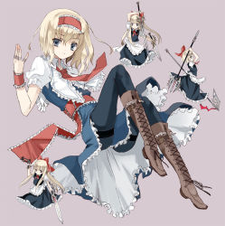 Rule 34 | 1girl, alice margatroid, alternate hairstyle, apron, axe, bad id, bad pixiv id, battle axe, belt, black pantyhose, blonde hair, blue dress, blue eyes, boots, capelet, cierra (ra-bit), copyright name, cross-laced footwear, doll, dress, female focus, full body, gun, hairband, hand gesture, jewelry, knee boots, lace-up boots, lineage, lineage 2, long legs, multiple girls, necktie, pantyhose, polearm, ra-bit, ribbon, ring, shanghai doll, short hair, simple background, solo, sword, thighband pantyhose, touhou, trident, waist apron, weapon, wrist cuffs, wrist ribbon, zweihander