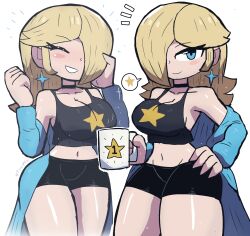 Rule 34 | 1girl, absurdres, bare shoulders, blonde hair, blue eyes, blue jacket, breasts, cleavage, dot nose, female focus, grin, hair over one eye, highres, jacket, large breasts, looking at viewer, mario (series), midriff, navel, nintendo, rosalina, shorts, sleeveless, smile, solo, super mario galaxy, teeth, thick thighs, thighs, tony welt, wide hips