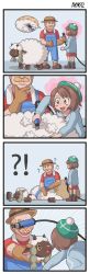 Rule 34 | !?, 1boy, 1girl, 4koma, :d, absurdres, artist name, ayyk92, balding, beamed eighth notes, blonde hair, blue overalls, blush stickers, bob cut, brown eyes, brown footwear, brown gloves, brown headwear, cardigan, closed eyes, comic, commentary request, creatures (company), eighth note, facial hair, game freak, gen 8 pokemon, gloria (pokemon), gloves, green headwear, green socks, grey cardigan, hair clipper, hand on own chin, happy, hat, highres, hood, hood down, hooded cardigan, musical note, mustache, nintendo, open mouth, overalls, pokemon, pokemon (creature), pokemon bdsp, pokemon swsh, rancher (pokemon), red shirt, shearing, sheep, sheep shears, shirt, shoes, short hair, smile, socks, speech bubble, standing, stroking own chin, tam o&#039; shanter, teeth, thumbs up, upper teeth only, wooloo
