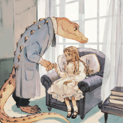 Rule 34 | 1girl, animal, animal collar, armchair, ascot, belt buckle, belt collar, black ascot, black footwear, black pants, blue coat, blue eyes, book, book stack, brown hair, buckle, chair, closed mouth, clothed animal, coat, collar, collared dress, collared shirt, commentary, crocodile, crocodilian, curtains, desk, dress, english commentary, expressionless, frilled dress, frills, full body, hand on lap, highres, indoors, layered sleeves, living room, long hair, long sleeves, looking at another, mary janes, medium dress, on chair, original, pants, pillow, pocket, puffy long sleeves, puffy sleeves, red collar, sharp teeth, shirt, shoes, sidelocks, sitting, slit pupils, socks, teeth, tono (rt0no), wavy hair, white dress, white shirt, white socks, window