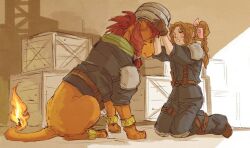 1boy 1girl aerith_gainsborough armor blue_jacket blue_pants boots bracelet braid braided_ponytail brown_boots brown_gloves brown_hair commentary crimson_sun disguise english_commentary final_fantasy final_fantasy_vii final_fantasy_vii_remake flame-tipped_tail from_side full_body gloves green_eyes green_scarf hair_ribbon helmet holding holding_helmet jacket jewelry knee_pads kneeling long_hair looking_at_another official_alternate_costume orange_fur pants parted_bangs pink_ribbon red_hair red_xiii ribbon scarf shinra_infantry_uniform shoulder_armor wooden_box