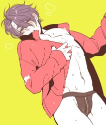 Rule 34 | 1boy, arched back, black hair, blush, jacket, kyuu (kyu 717), lee seung-gil, looking to the side, male focus, navel, nipples, open clothes, open jacket, open mouth, simple background, solo, sportswear, thick eyebrows, topless male, yellow background, yuri!!! on ice, zipper, zipper panties, zipper pull tab