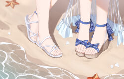 Rule 34 | 2girls, azusa (blue archive), azusa (swimsuit) (blue archive), beach, bingchuan xian yu huang, blue archive, blue bow, blue footwear, bow, commentary, feet, feet only, flower, foot focus, footwear bow, footwear flower, hifumi (blue archive), hifumi (swimsuit) (blue archive), highres, multiple girls, official alternate costume, platform footwear, sandals, seashell, shell, standing, starfish, symbol-only commentary, toenails, toes, white flower, white footwear