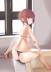 Rule 34 | 10s, 1girl, ass, bare shoulders, bikini, kantai collection, kozy, looking at viewer, looking back, red eyes, red hair, short hair, sitting, solo, swimsuit, thong, thong bikini, z3 max schultz (kancolle)