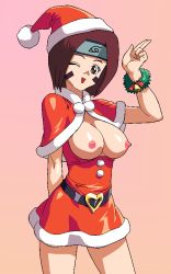 Rule 34 | ;d, bell, belt, black eyes, bracelet, breasts, brown hair, capelet, christmas, dress, facial mark, finger gun, fur trim, hat, headband, heart, jewelry, large breasts, naruto, naruto (series), naruto shippuuden, nipples, no bra, nohara rin, oekaki, one eye closed, open clothes, open mouth, open shirt, photoshop, pointing, salute, santa costume, santa hat, short dress, short hair, simple background, smile, starbag, wink, wreath