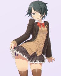 Rule 34 | 1girl, alternate costume, black skirt, blazer, blush, bow, bowtie, breasts, brown jacket, brown thighhighs, cardigan, commentary request, cowboy shot, dd (ijigendd), green eyes, green hair, highres, jacket, kantai collection, looking at viewer, medium breasts, miniskirt, mogami (kancolle), open mouth, panties, pleated skirt, purple panties, red bow, red bowtie, school uniform, side-tie peek, simple background, skirt, smile, solo, standing, thighhighs, underwear