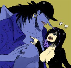 Rule 34 | 1boy, 1girl, angry, arlong, black hair, black nails, blue eyes, blue skin, bowler hat, breasts, brother and sister, cleavage, colored skin, earrings, family, fishman island, gills, hair over one eye, hat, hood, hoodie, jewelry, large breasts, long nose, lowres, madame shirley, mermaid, monster boy, monster girl, nail polish, one piece, pointy nose, poking, sameo (sen-k), shark girl, sharp teeth, short hair, siblings, simple background, size difference, spoilers, sweatdrop, tattoo, teeth, webbed hands