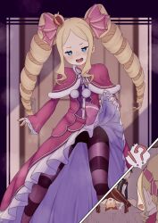 Rule 34 | !?, 1boy, 3girls, :d, absurdres, ass, beatrice (re:zero), black hair, blonde hair, blue eyes, blush, capelet, clothes lift, dress, dress lift, drill hair, highres, lifted by self, looking at viewer, lying, meili portroute, multiple girls, natsuki subaru, on back, open mouth, pantyhose, parted bangs, petra leyte, r-man, re:zero kara hajimeru isekai seikatsu, sitting, smile, spread legs, striped clothes, striped pantyhose, sweatdrop, symbol-shaped pupils, teenage boy and younger girl, twin drills