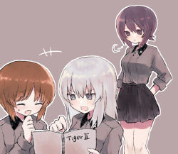 Rule 34 | +++, 3girls, arm behind back, black skirt, blue eyes, blush, book, brown eyes, brown hair, commentary, dress shirt, frown, girls und panzer, grey hair, grey shirt, highres, holding, holding book, itsumi erika, kuromorimine school uniform, laughing, long sleeves, looking at another, medium hair, miniskirt, multiple girls, nishizumi maho, nishizumi miho, open mouth, outline, pleated skirt, pointing, ri (qrcode), school uniform, shirt, short hair, siblings, sigh, simple background, sisters, skirt, sleeves rolled up, smile, standing, sweatdrop, white outline, wing collar