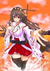 Rule 34 | 10s, 1girl, :d, absurdres, bare shoulders, black hair, blue sky, boots, breasts, brown eyes, full body, hair ornament, hairclip, hand on own chest, haruna (kancolle), headgear, highres, kantai collection, large breasts, long hair, looking at viewer, machinery, nontraditional miko, open mouth, outstretched arm, red skirt, skirt, sky, smile, solo, sunset, syun3783, thigh boots, thighhighs