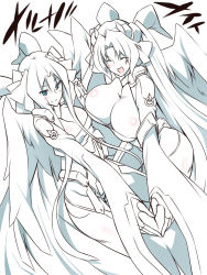 Rule 34 | 2girls, :&gt;, :d, blue eyes, blush, bodysuit, breasts, cleavage, couple, closed eyes, fingerless gloves, gloves, holding hands, horns, kyoukaisenjou no horizon, large breasts, long hair, malga naruze, margot knight, monochrome, multiple girls, nanao (mahaya), open mouth, partially colored, smile, spot color, very long hair, wings