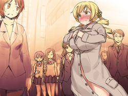 Rule 34 | 10s, 5girls, 774 (nanashi), bad id, bad pixiv id, blonde hair, blush, breasts, clenched teeth, coat, crowd, drill hair, embarrassed, exhibitionism, huge breasts, mahou shoujo madoka magica, mahou shoujo madoka magica (anime), multiple girls, nervous, nose blush, public indecency, sweat, sweatdrop, teeth, tomoe mami, trench coat, twin drills, twintails, yellow eyes