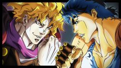 Rule 34 | 2boys, armor, black border, blonde hair, blue eyes, blue hair, blue shirt, border, brown eyes, brown gloves, clenched hands, clenched teeth, commentary, derivative work, dio brando, english commentary, from side, gloves, grandguerrilla, grin, hand up, jojo no kimyou na bouken, jonathan joestar, male focus, multiple boys, outside border, pauldrons, phantom blood, sanpaku, screenshot redraw, shirt, shoulder armor, smile, stardust crusaders, teeth