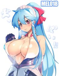 Rule 34 | 1girl, :p, blue hair, blush, bow, breasts, covered erect nipples, elbow gloves, gloves, hair bow, jpeg artifacts, large breasts, long hair, maid headdress, mel/a, melmaid, open mouth, original, ponytail, red eyes, sidelocks, simple background, sketch, solo, tongue, tongue out, very long hair