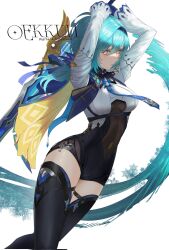 Rule 34 | 1girl, arms up, artist name, black hairband, blue cape, blue gloves, blue hair, blue necktie, boots, breasts, cape, chest harness, closed mouth, clothing cutout, corrupted twitter file, cowboy shot, cross-laced clothes, cross-laced cutout, eula (genshin impact), genshin impact, gloves, greatsword, hair between eyes, hairband, harness, high-waist shorts, highres, linea alba, lips, long sleeves, looking at viewer, medium breasts, medium hair, necktie, oekkun, orange eyes, see-through cutout, shorts, shoulder cutout, sidelocks, solo, song of broken pines (genshin impact), sword, thigh boots, vision (genshin impact), weapon, white background, white sleeves, wide sleeves