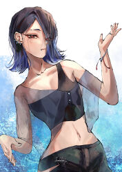 Rule 34 | 1girl, absurdres, black hair, black pants, black shirt, blue background, blue hair, bracelet, buttons, closed mouth, collarbone, crop top, fang, fang out, gradient hair, hair over one eye, hand up, highres, humanization, jewelry, looking at viewer, medium hair, multicolored hair, nail polish, namizukuri, navel, nintendo, octoling, pants, red nails, ring, see-through, shirt, shiver (splatoon), signature, single strap, solo, spiked ear piercing, splatoon (series), splatoon 3, two-tone background, two-tone hair, white background