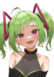 Rule 34 | absurdres, ahoge, bare shoulders, black shirt, breasts, choker, cleavage, close-up, collarbone, dark background, delruki, delutaya, diagonal bangs, earrings, eyebrows hidden by hair, fangs, green hair, head tilt, highres, indie virtual youtuber, jewelry, looking at viewer, open mouth, red eyes, shirt, short hair, sidelocks, simple background, sleeveless, smile, triangle, triangle earrings, twintails, virtual youtuber, water (pixiv 55477293), white background