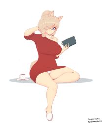 Rule 34 | 1girl, absurdres, alpaca ears, alpaca girl, alpaca suri (kemono friends), alpaca tail, animal ears, arm behind head, arm up, blonde hair, blue eyes, breasts, closed mouth, collarbone, commission, cup, full body, hair bun, hair over one eye, hand up, highres, holding, holding notebook, horizontal pupils, kemono friends, korial, large breasts, medium hair, notebook, panties, sandals, saucer, simple background, single hair bun, sitting, smile, solo, stomach, tail, underwear, watermark, web address, white background, white panties