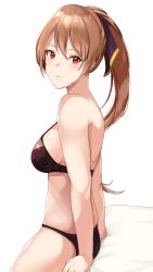 Rule 34 | 1girl, absurdres, arms at sides, ass, azur lane, bare shoulders, bed sheet, bikini, black panties, black ribbon, blush, breasts, brown hair, closed mouth, from side, hair between eyes, hair ribbon, haneramu, highres, jean bart (azur lane), long hair, looking at viewer, looking to the side, medium breasts, on bed, panties, ponytail, purple bikini, red eyes, ribbon, sideboob, simple background, sitting, solo, swimsuit, thighs, underwear, underwear only, white background