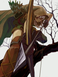 Rule 34 | 1girl, ado (adonki), arrow (projectile), black gloves, bow (weapon), braid, cape, dragon&#039;s crown, drawing bow, elf (dragon&#039;s crown), female focus, gloves, holding bow (weapon), hood, plant, red eyes, solo, symbol-shaped pupils, twin braids, weapon, white background, white hair
