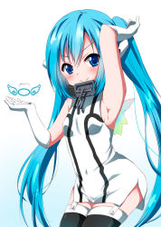 Rule 34 | 1girl, arm up, armpits, blue eyes, blue hair, blush, collar, gloves, gradient background, long hair, looking at viewer, matching hair/eyes, nymph (sora no otoshimono), ragho no erika, solo, sora no otoshimono, thighhighs, twintails, very long hair, wings