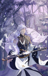 Rule 34 | 1boy, absurdres, bamboo, bamboo forest, black bodysuit, black gloves, bodysuit, chinese commentary, closed eyes, closed mouth, coat, commentary, facing to the side, feet out of frame, fingerless gloves, forest, fur trim, gloves, gold trim, highres, holding, holding sword, holding weapon, kyoku ryuushou (masterwork apocalypse), lips, liz ximu, long hair, long sleeves, male focus, masterwork apocalypse, nature, outdoors, plant, sheath, sheathed, sidelocks, sleeveless, sleeveless bodysuit, solo, standing, sword, weapon, white coat, white hair, white sleeves, wide sleeves